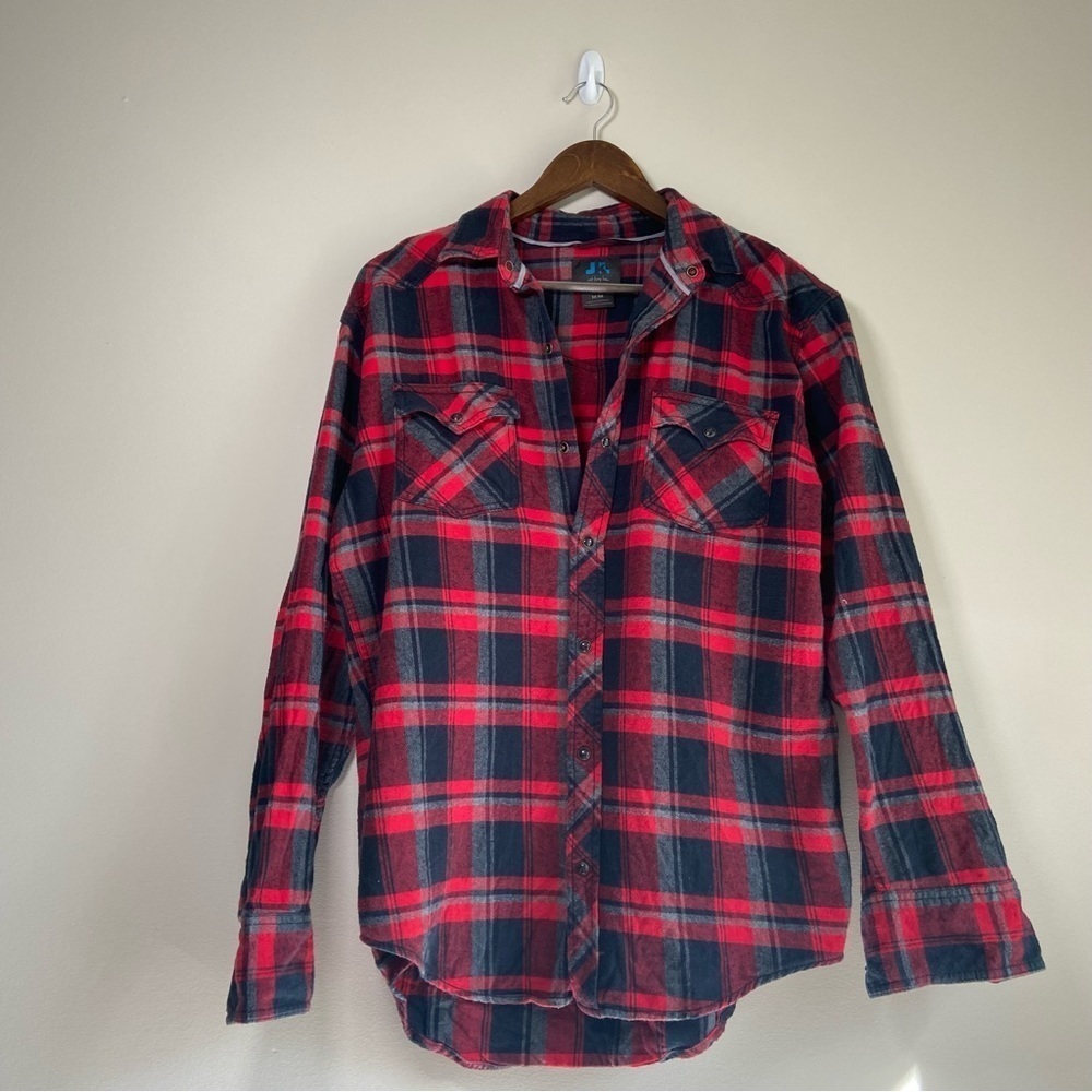 Just Keep Livin' Plaid Flannel Button Down Long Sleeve Shirt Cotton Red Medium